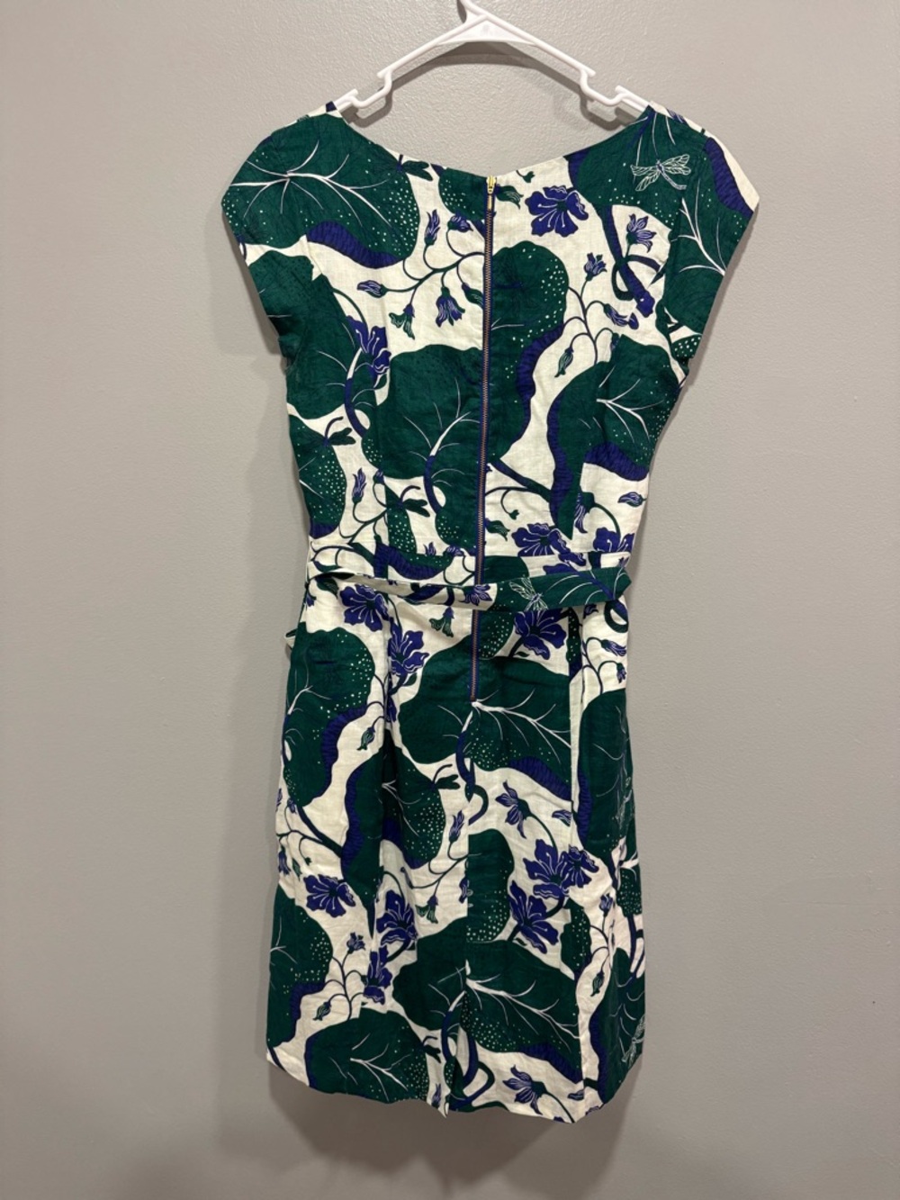 Lands' End Green and Navy Floral Belted Linen Cap-Sleeve Dress - Picture 3 of 8